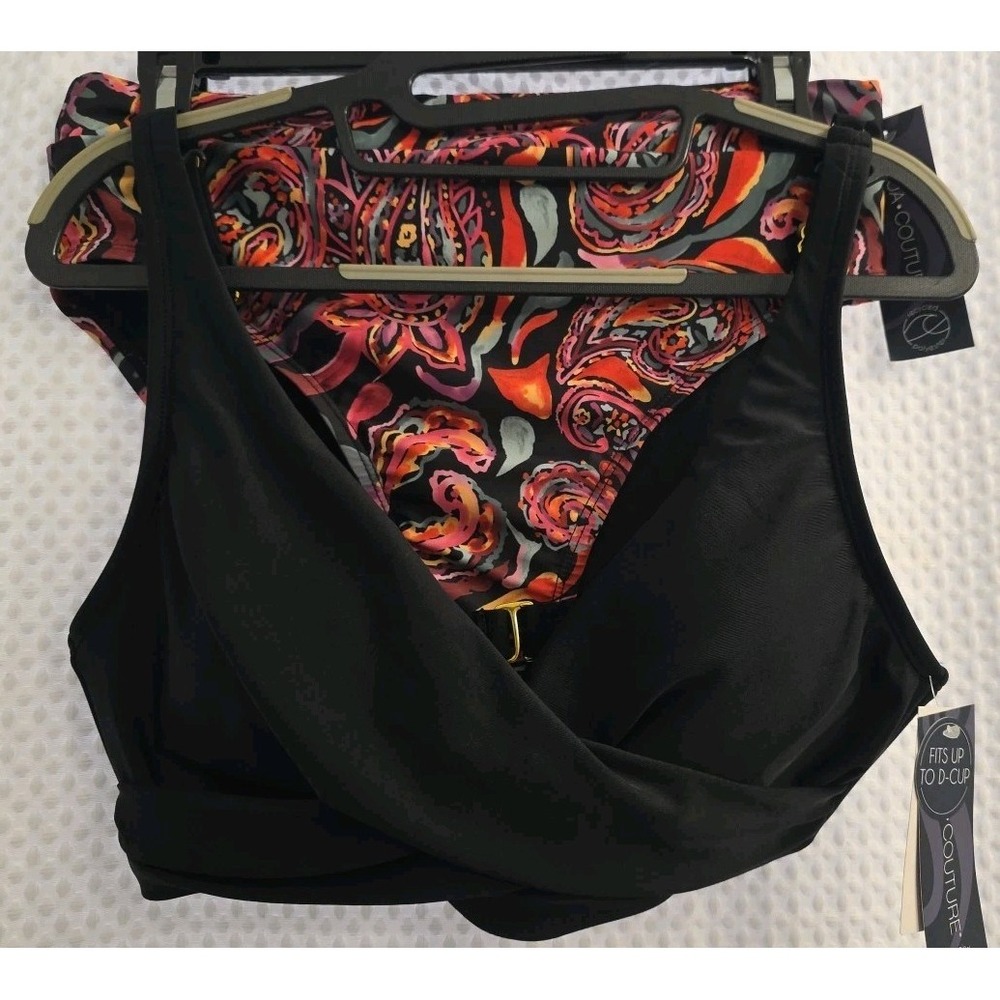 NEW Aqua Couture Womens Swim Bikini TOP & BOTTOM SET Paisley Black Pink Size M